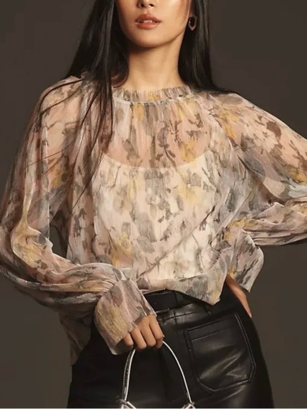Anthropologie Long-Sleeve Printed Blouse Pleated Floral Womens Size Large
